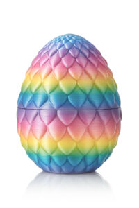 Fotografia produktowa, packshot wydruku 3D smoczego jaja w kolorach tęczy