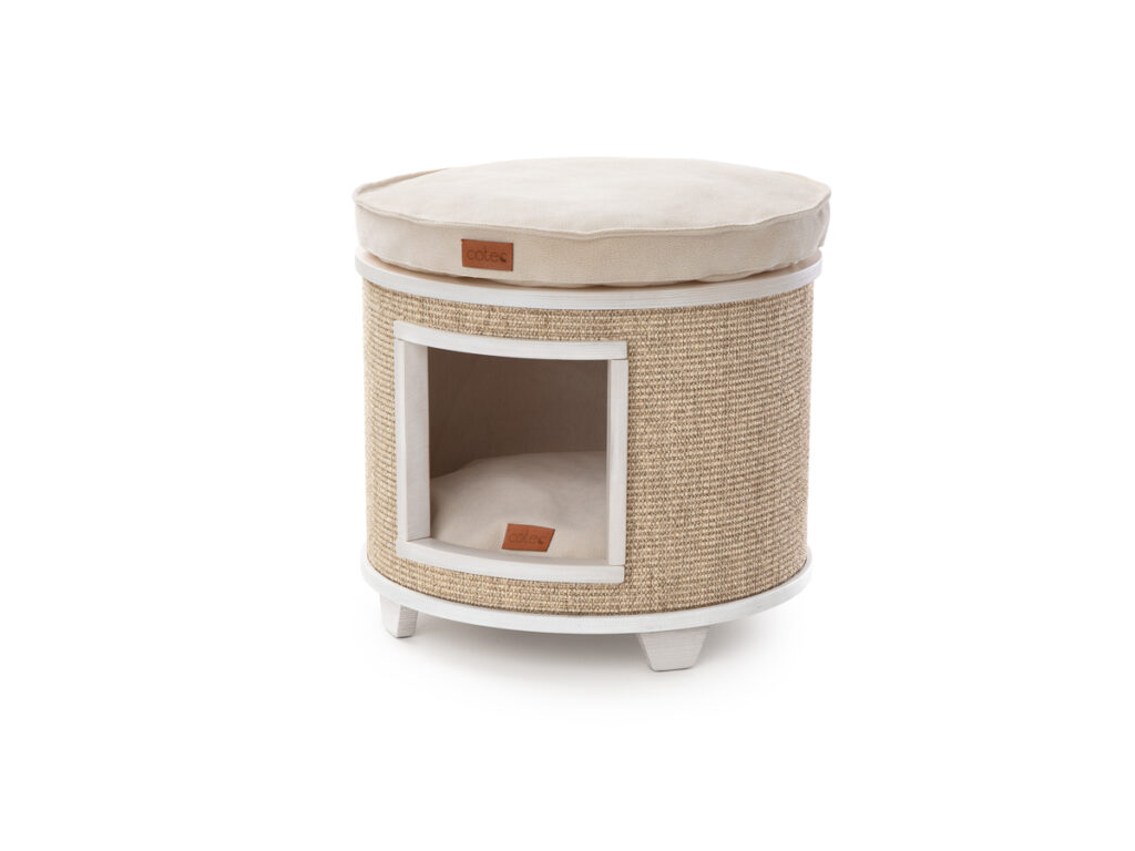 Okrągła budka/legowisko dla kota z sisalu – poduszka kremowa na górze, packshot