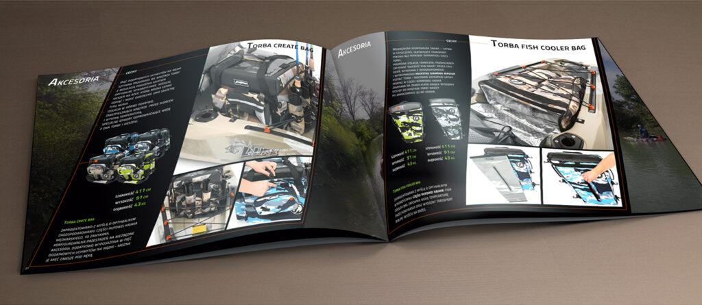 Zdjęcia produktowe do materiałów marketingowych – mockup katalogu z fotografią kajaka, ujęcie z perspektywy