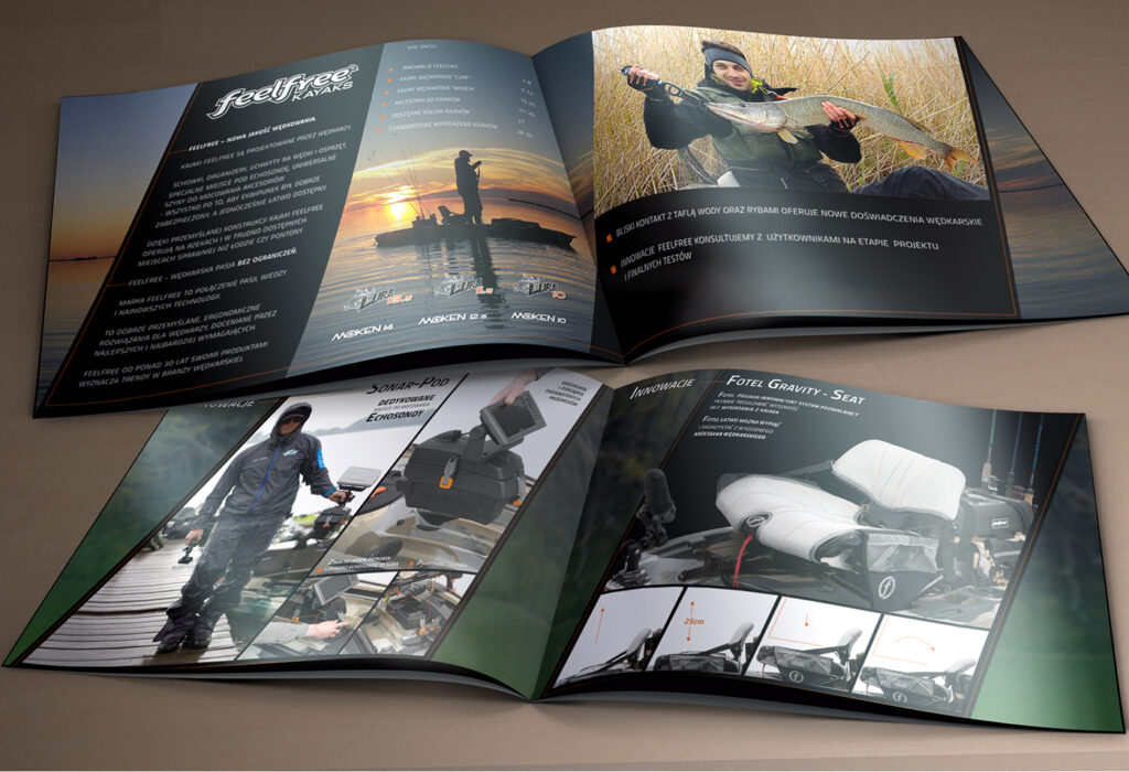 Fotografia reklamowa: mockup katalogu – rozkładówki z sesji kajaków i zastosowań, przygotowanie do druku