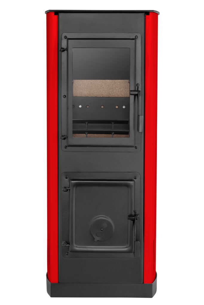 Packshot pieca kominkowego wolnostojącego – widok z przodu, czerwona obudowa boczna