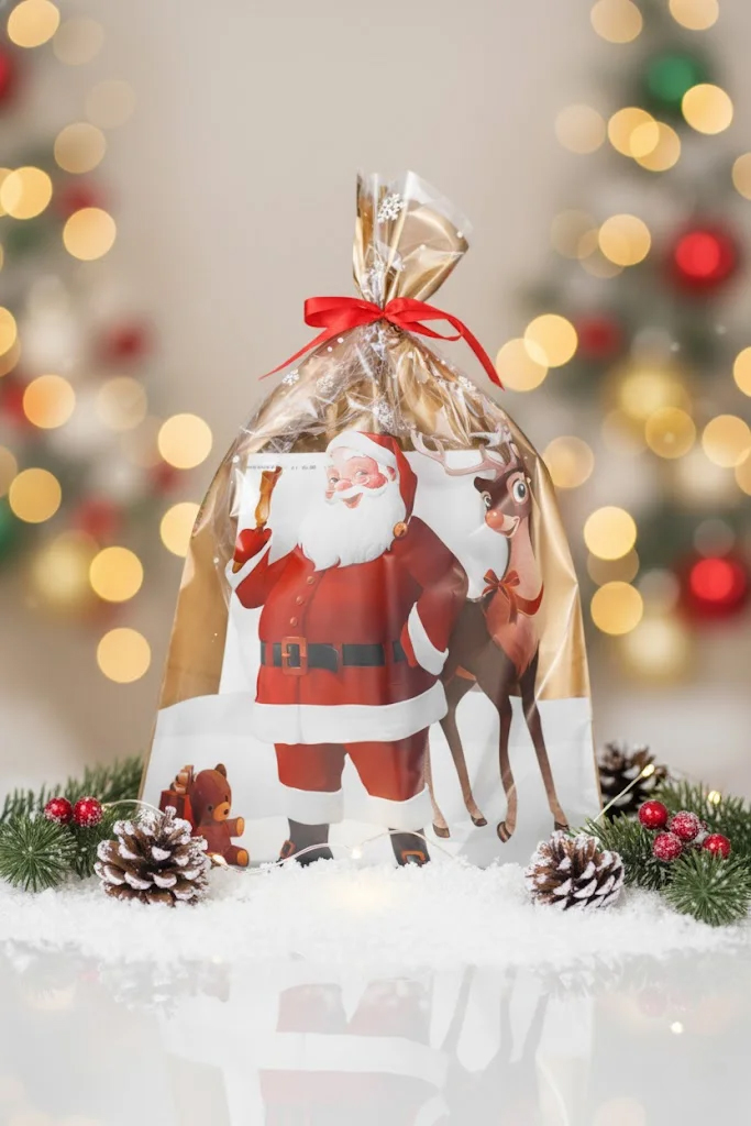 Packshot opakowania świątecznego z folii – realne zdjęcie produktu, aranżacja AI (tło bokeh, bombki)