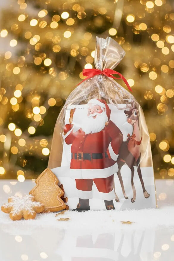 Packshot woreczka celofanowego z Mikołajem – produkt sfotografowany naturalnie, tło i klimat świąteczny ze sztucznej inteligencji (choinka, pierniki)
