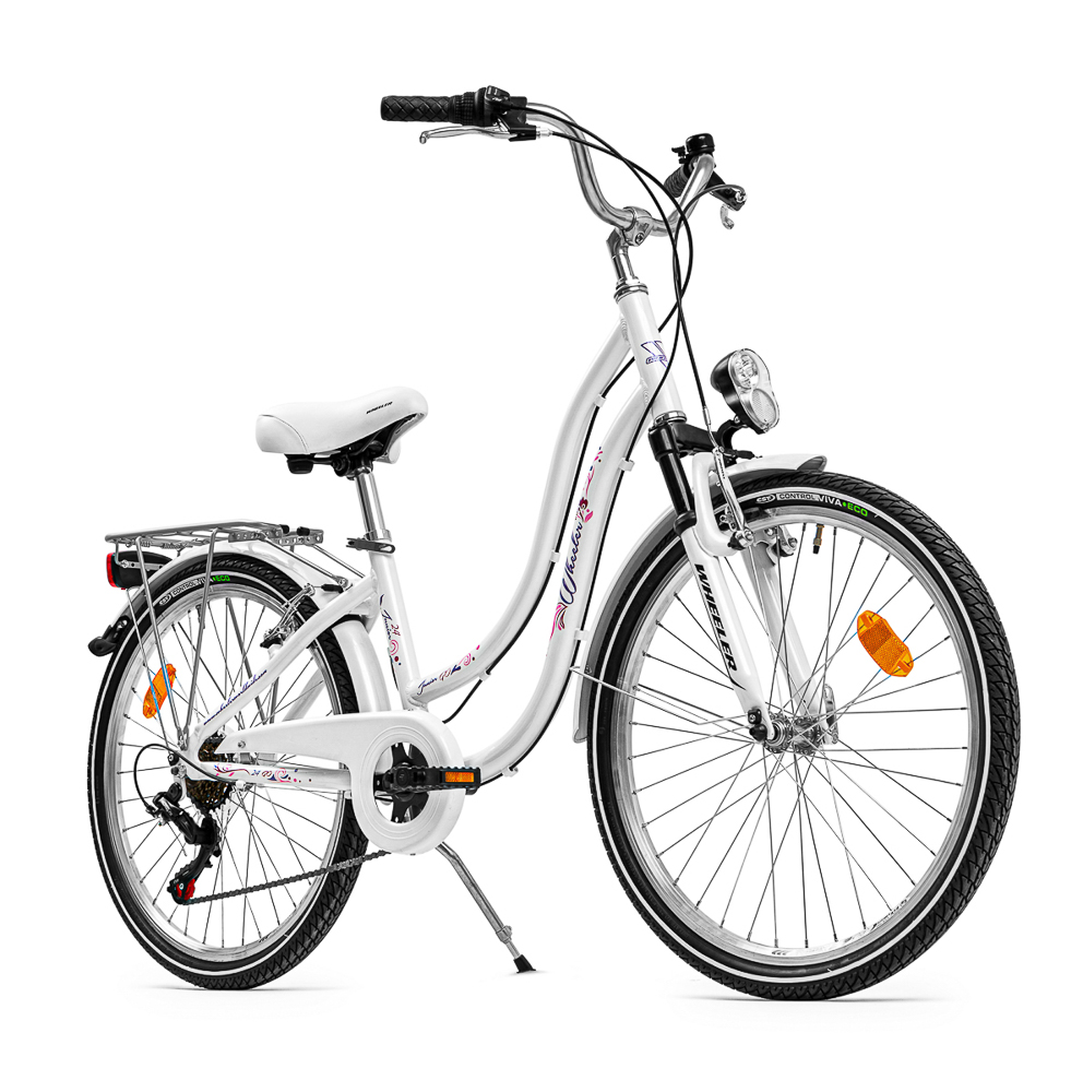 Fotografia packshotowa roweru miejskiego w bieli – ujęcie boczne z pełnym osprzętem