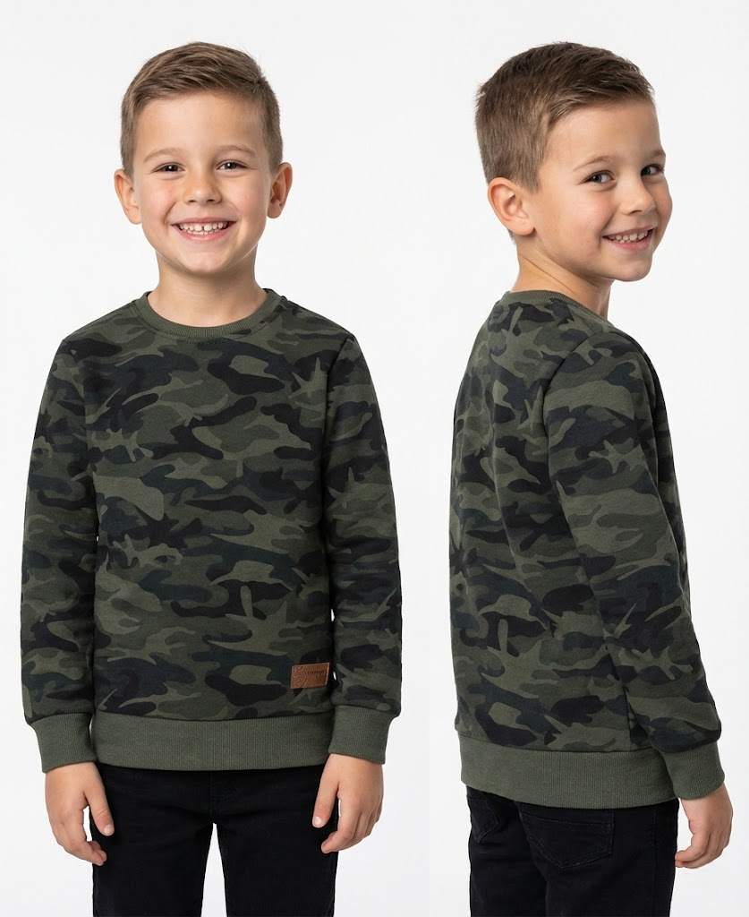 Zdjęcia odzieży na modelu – bluza dziecięca moro przód i bok, fotografia produktowa na białym tle